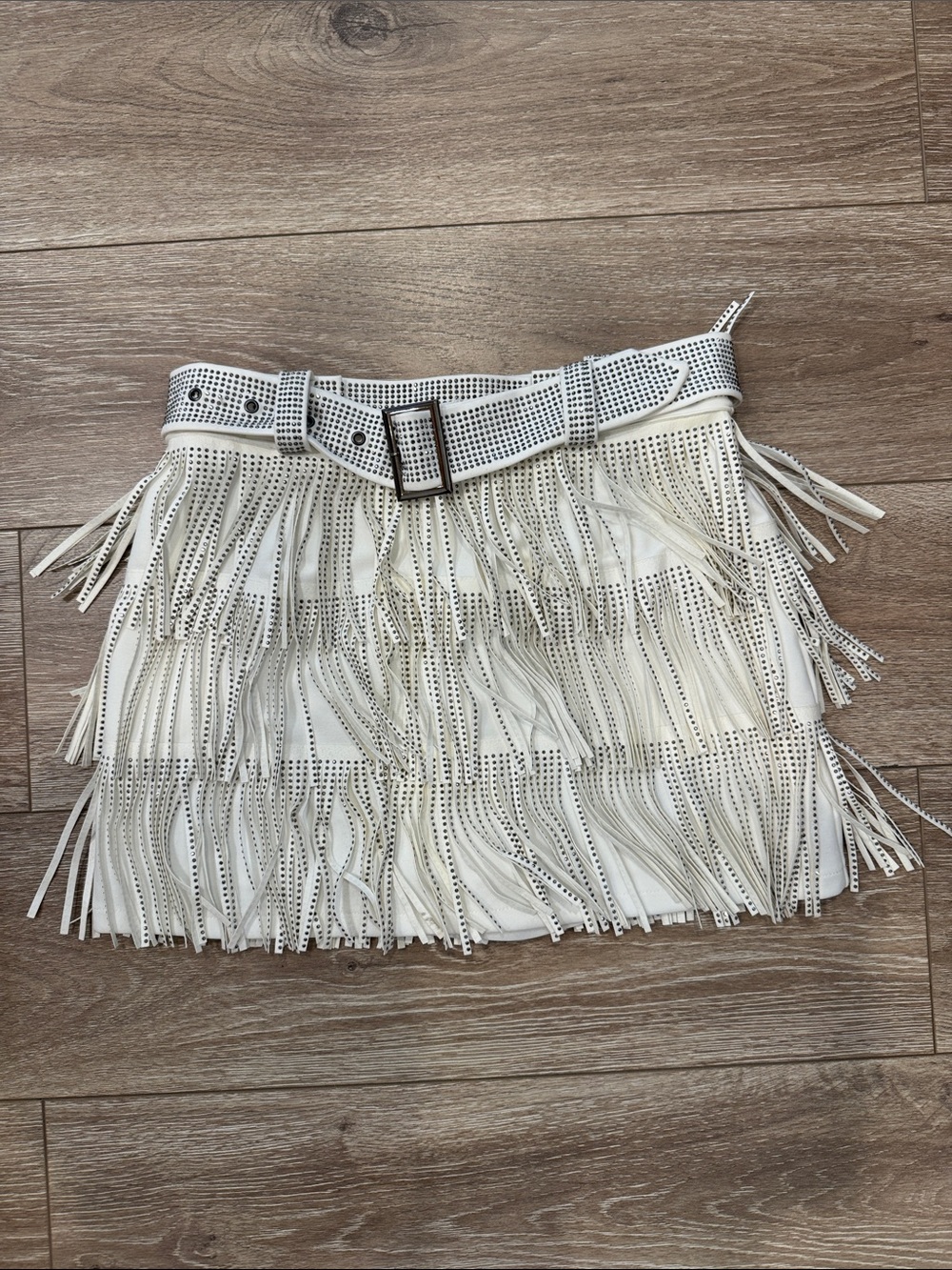 Fringed White Mini Skort skirt with Belt